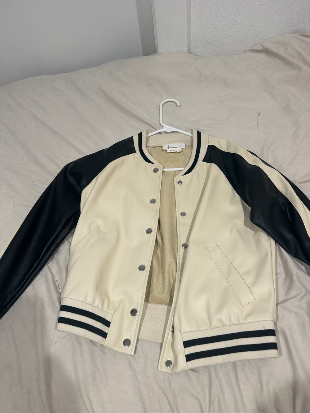 Anthropologie Cream and Black Varsity Jacket
